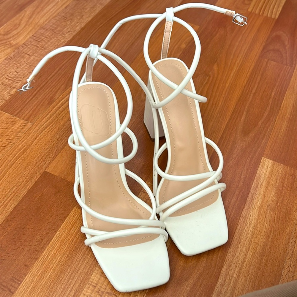 White Square Heeled High Heels